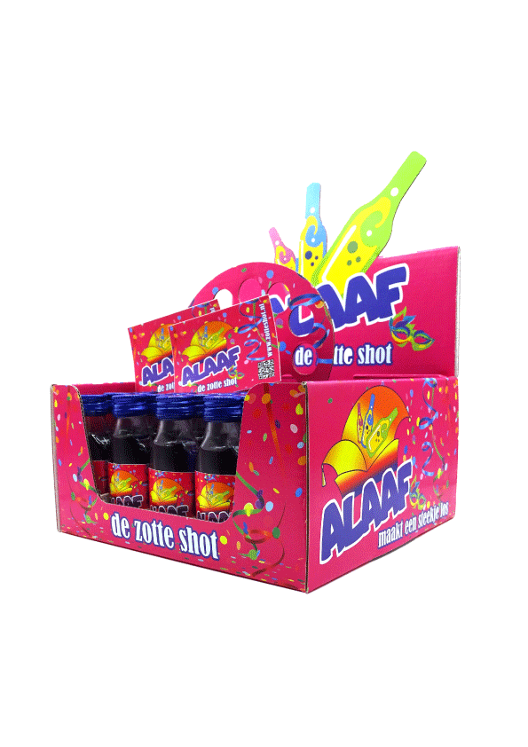 Alaaf de zotte shot, 40 paarse shotjes met roze sticker waarop een steek staat met de tekst alaaf de zotte shot