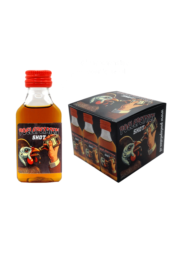 Voorbeeld van een shotje voor een band inclusief bijpassend doosje. Wordt als merchandise gebruikt
